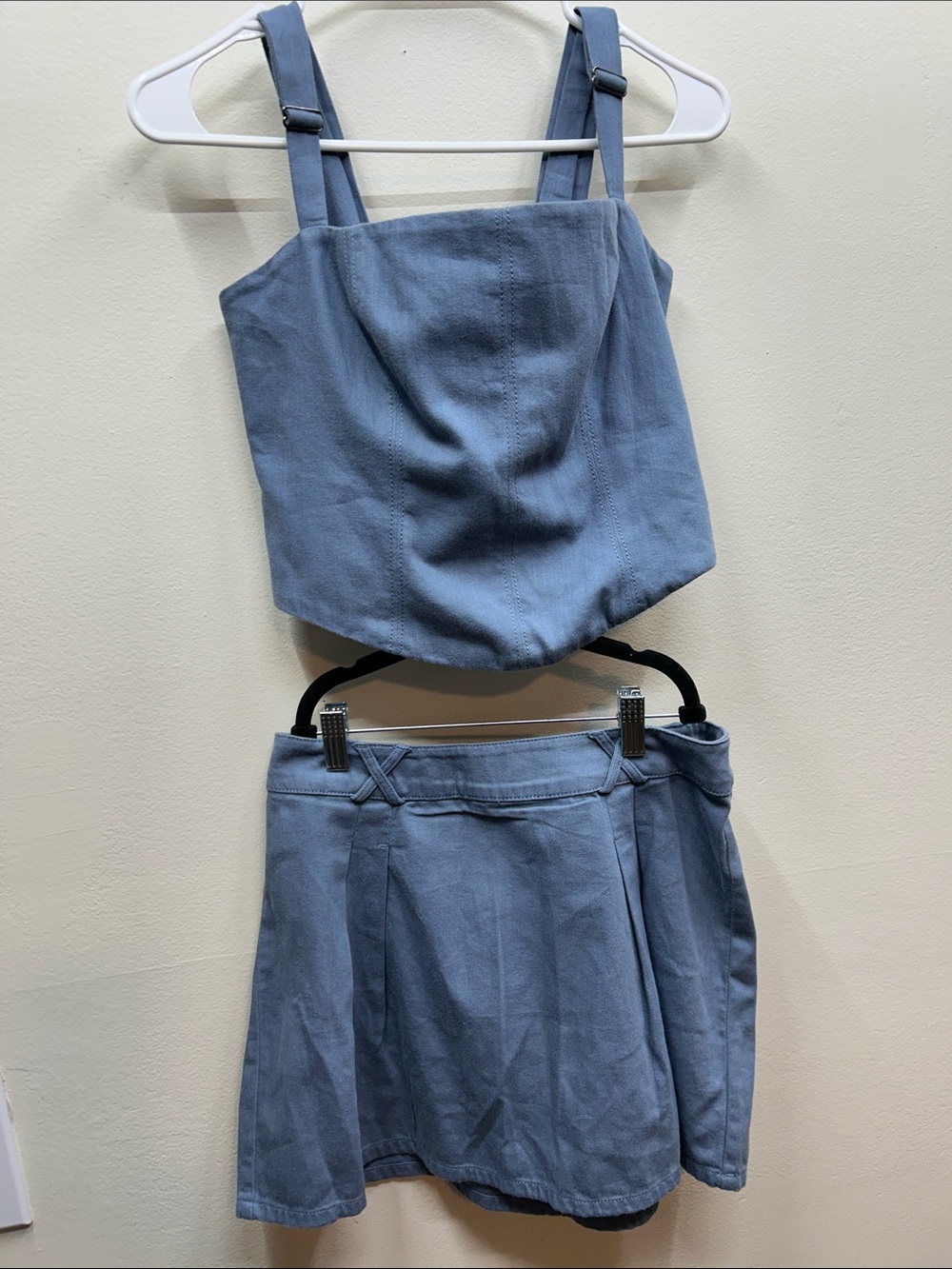 NWT Free People Slate Blue Textured Crop Top & Pleated Mini Skirt Set